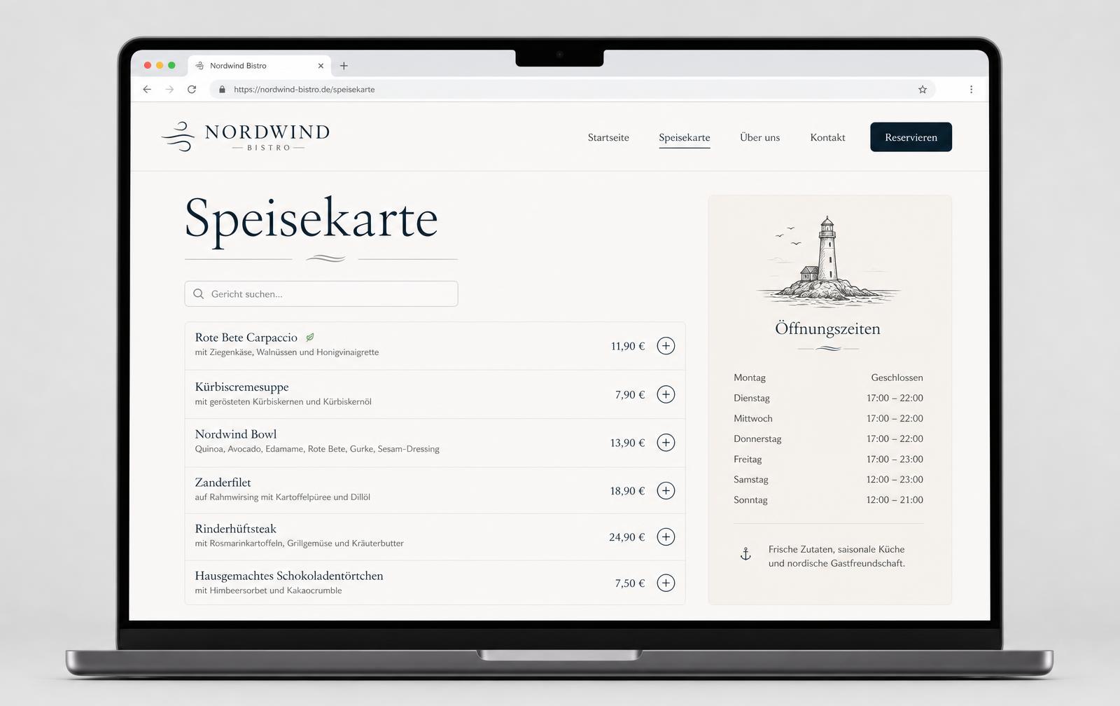 Beispiel einer hellen Speisekarten-Seite mit Preisliste