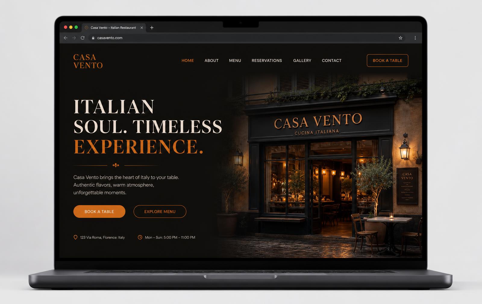 Beispiel einer dunklen Restaurant-Startseite im Laptop-Rahmen