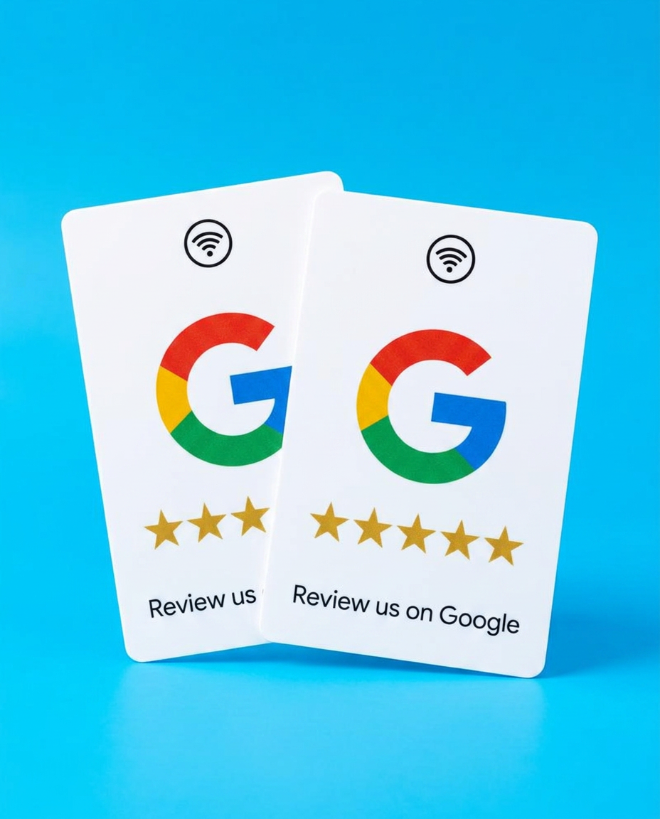 Google Review NFC-Karten mit Google-Logo und fünf Sternen